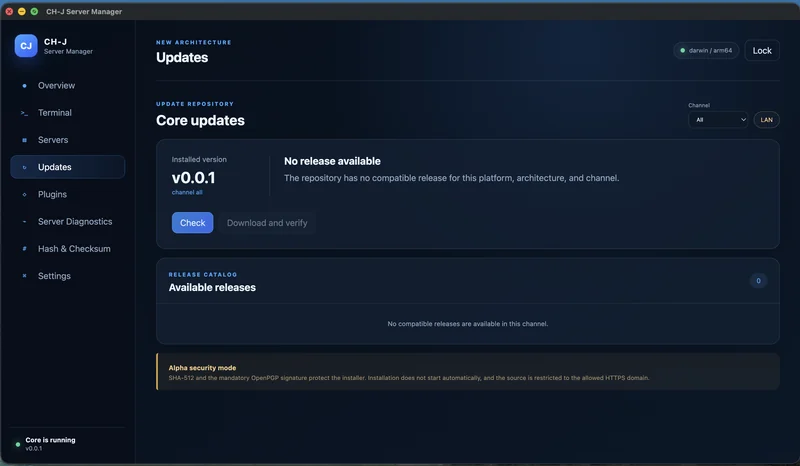 CH-J Server Manager – بخش Updates (بهروزرسانیها): نمای کلی نسخهها و راستیآزمایی بستهٔ دانلودشده.