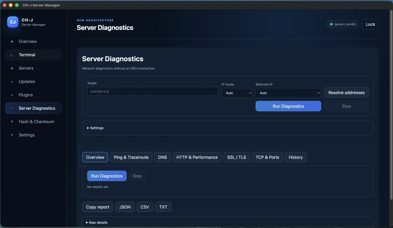 CH-J Server Manager – شاشة تشخيص حقيقية تقيس خدمة اختبار HTTP محلية؛ ولا يثبت هذا المثال دعم HTTP/3 على خادم عام.